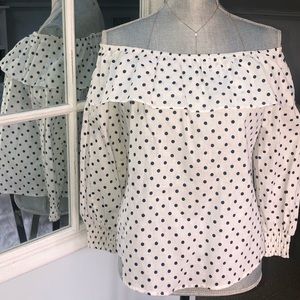 Zara Polka Dot Off-the-Shoulder Linen/Cotton Top